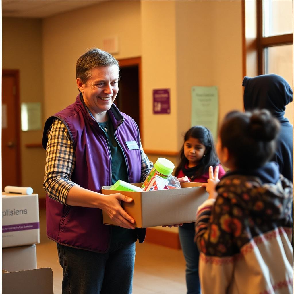 Volunteer handing a care package to a family