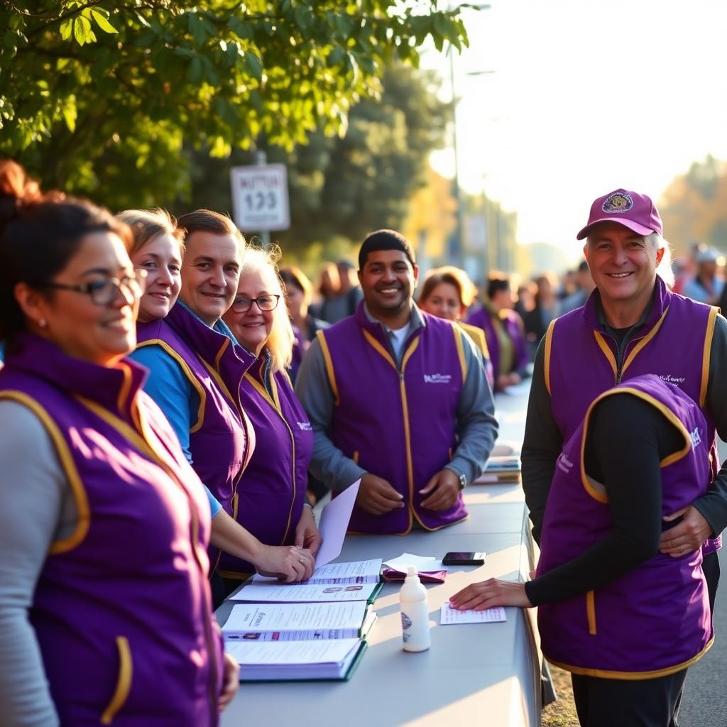 Volunteers in matching purple vests staffing a race registration table